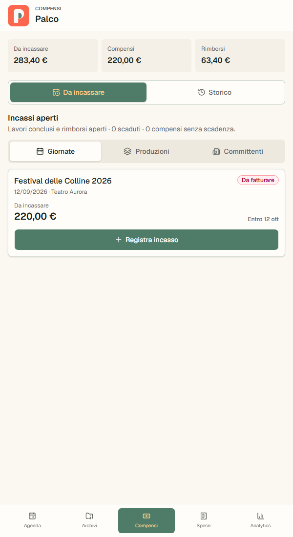 Riepilogo dei compensi in Palco con importi pattuiti, pagamenti ricevuti e saldo da incassare