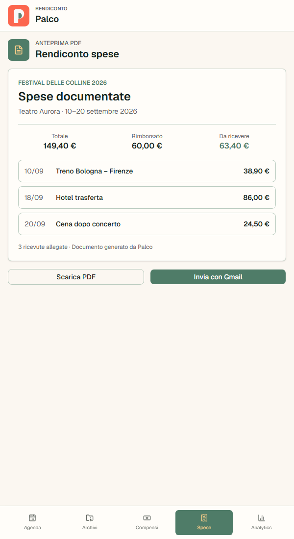 Rendiconto PDF generato da Palco con giornate, compensi, spese e opzione di invio via Gmail